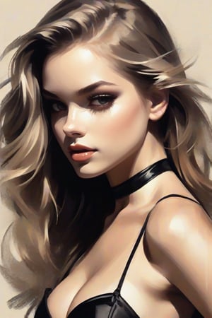 A close-up shot of a woman (mix of Barbara Palvin and AJ Cook) wearing black bra, long blonde hair, dark goth makeup, facing viewer, exuding confidence and poise.,charcoal \(medium\),on parchment,more detail XL