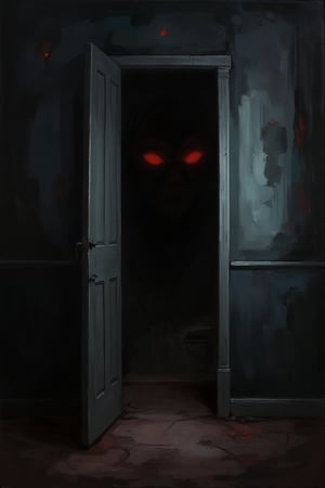 (Oil painting effect :1.2) a dark child's bedroom with an open closet door. Inside the closet is dark except for two red glowing eyes.  atmosphere is dark and horror, masterpiece artwork, dynamic composition,