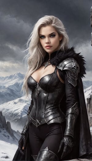 (Facing viewer),Beautiful close-up portrait painting (style of Luis Royo) of perfect evil female (gothic) wizard (mix of AJ Cook and Barbara Palvin), long white hair, perfect features, (wearing black (gothic) armour), fur cloak, smoky eyeshadow, standing on a snowy mountain cliff, near perfection,, dynamic pose, concept art, 8k post-production, High resolution, super Detail, trending on ArtStation, depth of field f/1.8