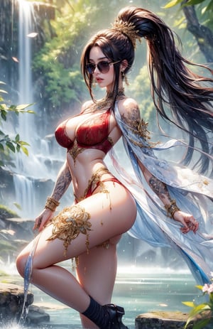 1 girl with dark hair, long patterned socks, red eyes, sunglasses, luxurious sexy underwear, ponytail, tattoos on arms and legs, forest, waterfall, river, water drops, very detailed, colorful, various poses, details  Sophisticated, detailed decoration, masterpiece, best quality, camera look, fair skin, perfect hands, beautiful face, beautiful legs and hot body, improvement, more details, 1 girl, more details,girl