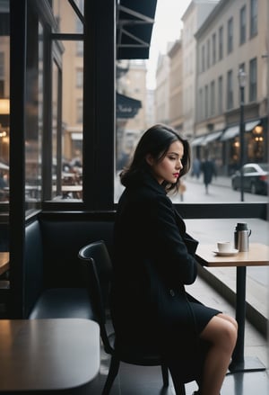 A captivating photograph, taken from below with 35mm lens analog camera. A young woman with dark hair wearing a black coat sitting alone at a table in a cafe or restaurant, looking out the window at the city street outside. This photograph beautifully captures the essence of a woman embracing her allure and inner power.