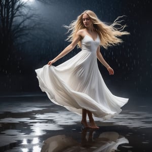 A young Caucasian woman with long blonde hair wearing a flowing white dress dancing in a dark, rainy environment with reflective puddles on the ground.