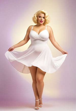 A young, overweight woman with short wavy blonde hair, face like anna nicole smith, posing in a revealing white short dress bottom against a plain background