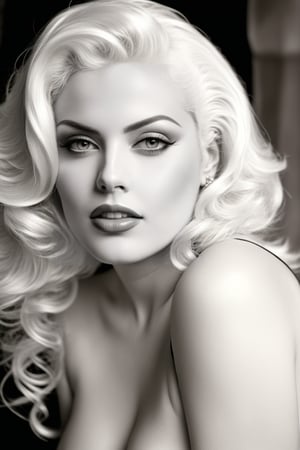 An evocative close-up portrait of a captivating middle-aged woman, shot on an old 125 film, with face like anna nicole smith. The subject has short white curly hair and a sensual figure.