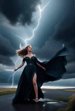 A dark, empty space with vast stone and grass plain and woman figure in a stunning gown, high heels, hair and skirt blowing in the strong wind, dramatic lighting from the side, creating a moody and atmospheric scene (((closeup, view from ground level))), 

Inspirated by movie Lord of The Rings