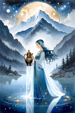 A serene aquarius zodiac sign inspired image: a mystical water bearer stands amidst a soft blue misty veil, pouring celestial waters from an ornate jug into a tranquil lake. The figure's gentle gaze and ethereal aura evoke the signs' intuitive and humanitarian qualities. Framed by misty mountains, this dreamlike scene captures the essence of Aquarius.