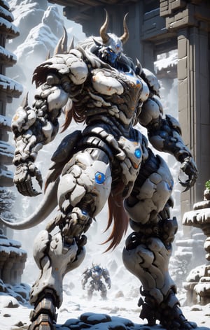 terrifying ultimate Beast centaur with rhino half body, cyborg complex armor, fighting pose in middle snowy temple, misty snowstorm, Hyper Detailed, Cinematic Lighting Photography, nvidia rtx, super-resolution, unreal 5, subsurface scattering, pbr texturing, 32k UHD
