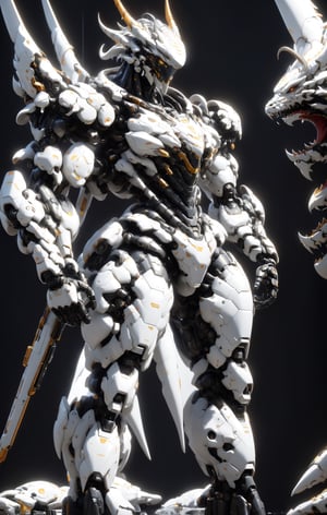 An white dragon Robot Mecha Soldier, Wearing Futuristic gold and black Soldier Armor and Weapons, sitting, front view, Reflection Mapping, Hyper Detailed, Cinematic Lighting Photography, nvidia rtx, super-resolution, unreal 5, subsurface scattering, pbr texturing, 32k UHD