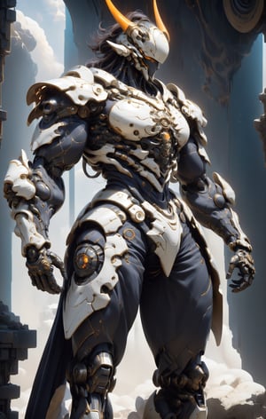 Create image of a futuristic, biomechanical warrior standing majestically. The figure is predominantly ivory and metallic black with golden-glowing intricate patterns resembling circuitry across the body. Style is detailed and hyper-realistic, textures suggesting both organic and synthetic materials. The warrior's armor is highly ornamental and segmented, comprising layered plate-like structures with curvilinear edges and sharp spikes. The helmet features elongated, horn-like protrusions that arch backwards and taper to fine points, with a V-shaped visor that obscures the eyes, emitting an orange glow. Proportions are heroic, slightly elongated and exaggerated, with broad shoulders and a tapered waist, creating an imposing presence. The armor's design is anatomical, with each piece following the form of the muscles beneath. The background is a deep space scene, predominantly black with soft white star highlights, providing contrast that emphasizes the figure. There are subtle nebulas with faint hints of blue and purple, adding depth but not distracting from the main subject. The foreground focuses on the figure, with no additional elements to challenge the dominance of the warrior. Light sources seem to come from multiple directions, creating dynamic lighting which accentuates the textures and details of the armor, especially the glowing patterns.