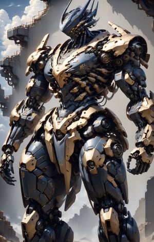 Create image of a detailed, mechanical robot design featuring a prominent deep blue and black color scheme with gold and yellow accents. The robot has complex armor plating with a sleek, non-organic aesthetic. Multiple layers and sections of armor show fine, intricate details, and the interplay of metallic surfaces gives off a reflective quality. Golden Japanese Kanji characters are prominently featured on the chest and various parts of the body, providing a striking contrast to the darker tones. The robot appears to be standing, with one arm slightly raised and the hand gripping a part of its chest armor, which suggests dynamic motion. The background is a blurred sky with clouds that suggest an outdoor setting, with light predominantly coming from above, casting subtle shadows across the robot's form. The use of light and shadow accentuates the three-dimensional aspect of the subject. Some text, including "VEX" and "DOMINATOR," is written on the armor in smaller print, contributing to the militaristic look.