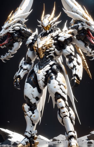 An white dragon Robot Mecha Soldier, Wearing Futuristic gold and black Soldier Armor and Weapons, front view, Reflection Mapping, Hyper Detailed, Cinematic Lighting Photography, cowboy shot, nvidia rtx, super-resolution, unreal 5, subsurface scattering, pbr texturing, 32k UHD