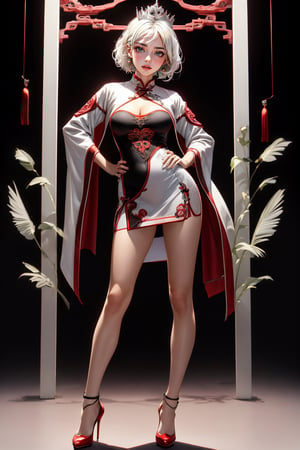 create a full body length of a 1girl, solo, young woman, huge boob, short hair, white hair, blue eyes, smiling, female focus, wearing queen crown, white jacket, white cheongsam, short cheongsam, wearing high heel, front view, standing confidently with spread leg and hands on hip, perfect hands, photorealistic, 8k ultra hd,
