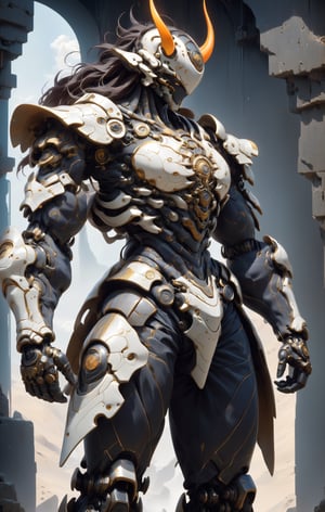 Create image of a futuristic, biomechanical warrior standing majestically. The figure is predominantly ivory and metallic black with golden-glowing intricate patterns resembling circuitry across the body. Style is detailed and hyper-realistic, textures suggesting both organic and synthetic materials. The warrior's armor is highly ornamental and segmented, comprising layered plate-like structures with curvilinear edges and sharp spikes. The helmet features elongated, horn-like protrusions that arch backwards and taper to fine points, with a V-shaped visor that obscures the eyes, emitting an orange glow. Proportions are heroic, slightly elongated and exaggerated, with broad shoulders and a tapered waist, creating an imposing presence. The armor's design is anatomical, with each piece following the form of the muscles beneath. The background is a deep space scene, predominantly black with soft white star highlights, providing contrast that emphasizes the figure. There are subtle nebulas with faint hints of blue and purple, adding depth but not distracting from the main subject. The foreground focuses on the figure, with no additional elements to challenge the dominance of the warrior. Light sources seem to come from multiple directions, creating dynamic lighting which accentuates the textures and details of the armor, especially the glowing patterns.
