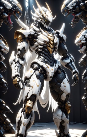 An white dragon Robot Mecha Soldier, Wearing Futuristic gold and black Soldier Armor and Weapons, front view, Reflection Mapping, Hyper Detailed, Cinematic Lighting Photography, cowboy shot, nvidia rtx, super-resolution, unreal 5, subsurface scattering, pbr texturing, 32k UHD