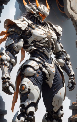 Create image of a futuristic, biomechanical warrior standing majestically. The figure is predominantly ivory and metallic silver with orange-glowing intricate patterns resembling circuitry across the body. Style is detailed and hyper-realistic, textures suggesting both organic and synthetic materials. The warrior's armor is highly ornamental and segmented, comprising layered plate-like structures with curvilinear edges and sharp spikes. The helmet features elongated, horn-like protrusions that arch backwards and taper to fine points, with a V-shaped visor that obscures the eyes, emitting an orange glow. Proportions are heroic, slightly elongated and exaggerated, with broad shoulders and a tapered waist, creating an imposing presence. The armor's design is anatomical, with each piece following the form of the muscles beneath. The background is a deep space scene, predominantly black with soft white star highlights, providing contrast that emphasizes the figure. There are subtle nebulas with faint hints of blue and purple, adding depth but not distracting from the main subject. The foreground focuses on the figure, with no additional elements to challenge the dominance of the warrior. Light sources seem to come from multiple directions, creating dynamic lighting which accentuates the textures and details of the armor, especially the glowing patterns.