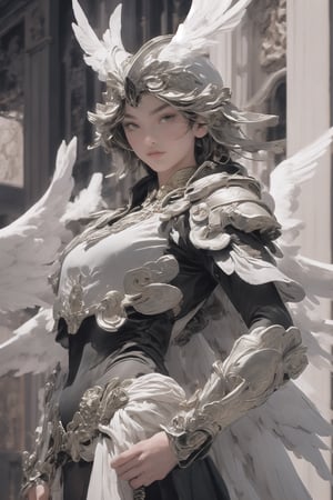 A regal, armored figure with angelic features stands central in a European-style cityscape. The intricately designed armor showcases a metallic sheen in reflective silver with golden trimmings, highlighting its curvature and filigree patterns. Segmented and layered for flexibility and protection, the armor includes gauntlets, breastplate, pauldrons, and a decorative tasset. The polished helmet, with angled eye slits, crests into sweeping designs, and a golden halo hovers above. Large white feathered wings, softly glowing, drape from the figure's shoulders. The background, a blurred Renaissance or Baroque cityscape, contrasts with the sharp focus on the powerful and graceful figure, exuding an otherworldly presence.