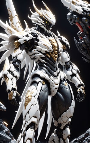 An white dragon Robot Mecha Soldier, Wearing Futuristic gold and black Soldier Armor and Weapons, front view, Reflection Mapping, Hyper Detailed, Cinematic Lighting Photography, nvidia rtx, super-resolution, unreal 5, subsurface scattering, pbr texturing, 32k UHD