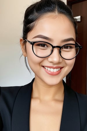 beautiful girl in black dress,perfect beauty,smiling at the viewer,bun hairstyle, frontal pose,wearing black spectacles 