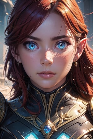Prompt: masterpiece, best quality,(extremely intricate), (realistic), high tech, maximalism, photorealistic, highly detailed, sword, beautiful girl face, combat, J.C. Leyendecker, red hair, brench hair, focus face, looking away, volumetric light, realistic:2, 1girl, 8k, intricate, elegant, highly detailed, majestic, digital photography, (masterpiece, sidelighting, finely detailed beautiful eyes: 1.2), hdr, full_body, mage, age24:2, elven girl, red hair, long ears, freckles, light_purple_eyes, ((ivory tech armor:1.2)), ((glowing_iris1.5)), Warframe, shine eyes01, long_ears