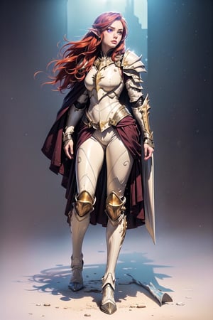 Prompt: masterpiece, best quality,(extremely intricate), (realistic), high tech, maximalism, photorealistic, highly detailed, beautiful girl face, combat, J.C. Leyendecker, ((red hair:1.2)), brench hair, focus face, looking away, volumetric light, realistic:2, 1girl, 8k, intricate, elegant, highly detailed, majestic, digital photography, (masterpiece, sidelighting, finely detailed beautiful eyes: 1.2), hdr, ((full_body:2)), mage, age24:2, elven girl, red hair, long ears, freckles, ((light_purple_eyes:1.2)), ((ivory_tech_armor:1.4)), ((glowing_iris1.5)), Warframe, shine eyes01, long_ears, chainmail, ((solo_female:1.5)), tall, alone, ((ivory_bulky_armor:1.2)), ((ivory_heavy_armor:1.2)), ((ivory_thick_armor:1.2)), long_torso, spindly_torso, white_cape, EDGADEPTA,Nova,ClrSkt