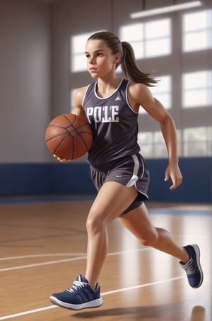 1girl, solo, brown hair, brown eyes, ponytail, shoes, sneakers, running, sportswear, realistic, basketball, gym, basketball uniform,Sports 