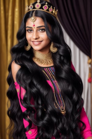 (masterpiece), 1girl, long hair, black, colorfull hair, (smile:0.5), dress, ,Girl ,Queen ,India 