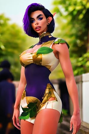 elf woman dark skin short dark purple hair and honey eyes wearing leaf dress 