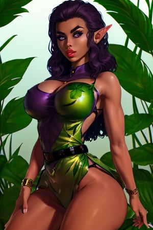 elf woman dark skin short dark purple hair and honey eyes wearing leaf dress 