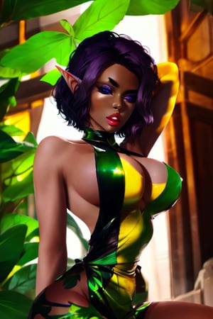 elf woman dark skin short dark purple hair and honey eyes wearing leaf dress 