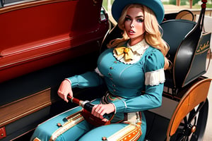 35 year old woman in full cowboy outfit sitting driving a carriage