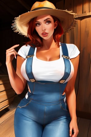 40 year old woman with dark red hair, tight overalls, sexy without the garment, white t-shirt, straw hat, inside a barn remove white clothes 