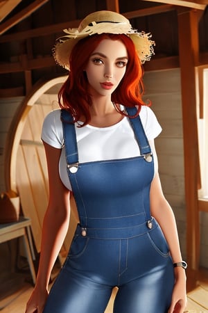  40 year old woman with dark red hair clothing tight dungarees sexy without the garment t-shirt straw hat inside a barn 