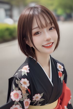 1girl, solo, looking at viewer, short hair, bangs, brown hair, upper body, outdoors, parted lips, japanese clothes, day, kimono, blurry, black eyes, lips, blurry background, floral print,smile