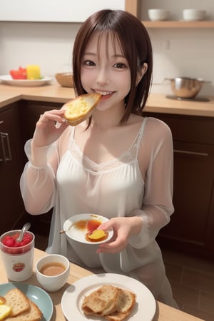 mikas
A cute girl in a see-through nightgown eating breakfast,smile