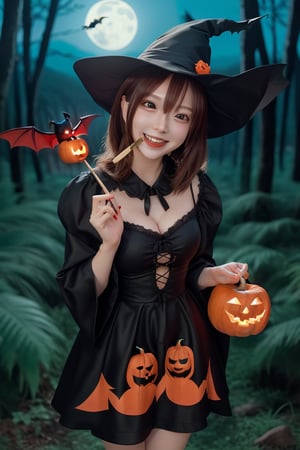 The background is a midnight forest with only moonlight, Pumpkin Man's face, and bats flying around.
Mikas, a smiling beautiful girl in a Halloween witch costume holding a large round lollipop in one hand