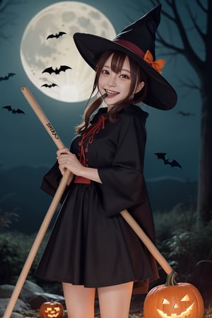 The background is a midnight forest with only moonlight, Pumpkin Man's face, and bats flying around.
Mikas, a smiling cute girl in a Halloween witch costume holding a flying broomstick in one hand and a lollipop in the other.