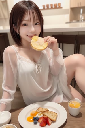 mikas
A cute girl in a see-through nightgown eating breakfast,smile