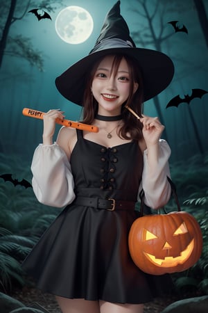 The background is a midnight forest with only moonlight, Pumpkin Man's face, and bats flying around.
Mikas, a smiling beautiful girl in a Halloween witch costume holding a large round lollipop in one hand