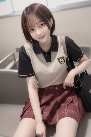 mikas
1girl, solo, short hair, skirt, brown hair, shirt, sitting, school uniform, short sleeves, plaid, plaid skirt, between legs, hand between legs, realistic, head out of frame,smile