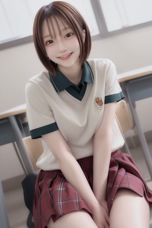 mikas
1girl, solo, short hair, skirt, brown hair, shirt, sitting, school uniform, short sleeves, plaid, plaid skirt, between legs, hand between legs, realistic, head out of frame,smile