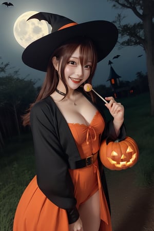 The background is a midnight forest with only moonlight, Pumpkin Man's face, and bats flying around.
Mikas, a smiling beautiful girl in a Halloween witch costume holding a large round lollipop in one hand