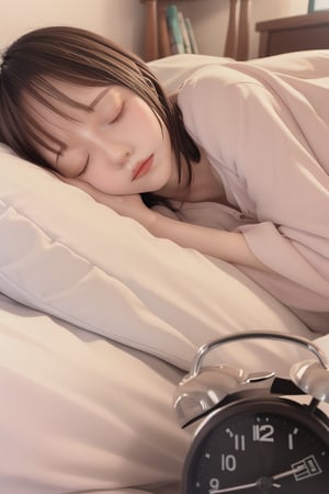 mikas
A cute girl sleeping soundly in bed and turning off the alarm clock with her eyes closed.