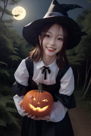 The background is a midnight forest with only moonlight, Pumpkin Man's face, and bats flying around.
Mikas, a smiling beautiful girl in a Halloween witch costume holding  in a big lolipop one hand.