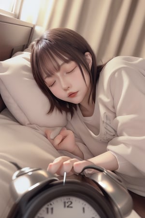 mikas
A cute girl sleeping soundly in bed and turning off the alarm clock with her eyes closed.