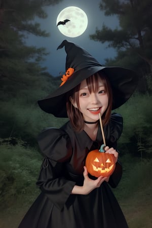 The background is a midnight forest with only moonlight, Pumpkin Man's face, and bats flying around.
Mikas, a smiling beautiful girl in a Halloween witch costume holding a large round lollipop in one hand