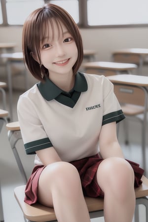 mikas
1girl, solo, short hair, skirt, brown hair, shirt, sitting, school uniform, short sleeves, plaid, plaid skirt, between legs, hand between legs, realistic, head out of frame,smile