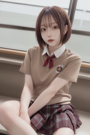 mikas
1girl, solo, short hair, skirt, brown hair, shirt, sitting, school uniform, short sleeves, plaid, plaid skirt, between legs, hand between legs, realistic, head out of frame