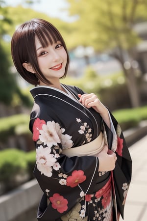 1girl, solo, looking at viewer, short hair, bangs, brown hair, upper body, outdoors, parted lips, japanese clothes, day, kimono, blurry, black eyes, lips, blurry background, floral print,smile