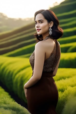 In a cinematic shot bathed in warm, golden lighting, Chelsea Islan stands amidst a serene Indonesian landscape. Her flawless face is aglow, with sun-kissed skin and expressive dark brown eyes that seem to sparkle like the surrounding nature. ((Face details)) are meticulously rendered, showcasing her refined nose and inviting smile. ((Body)) is draped in elegance, donning a high-waisted pencil skirt and fitted blouse with delicate lace trimming. Pearl earrings and a classic black pump complete her polished look. The composition features Chelsea standing amidst lush greenery, the camera capturing her stunning figure against a peaceful rural backdrop.