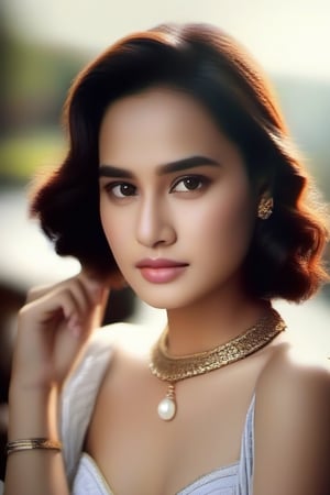 Indian celebrity style, Bathed in  lighting, Epic Masterpiece, 64K, ((Flawless Face)), Stunning Eyes, In dramatic lighting, a stunningly celebrity figure, Pay attention to ((face details)) and ((body)) it must be extremely beautiful and Flawless. Concept: Create a cinematic shot of Chelsea Islan Details: Indonesian Nature | Concept: Random | Face: Sun-kissed, Content, Chelsea has an oval-shaped face with expressive dark brown eyes, a refined nose, and a warm, inviting smile. Her medium-length, dark brown hair is often styled in soft waves or sleek, straight styles. | Clothing: Chelsea’s fashion sense is elegant and polished. She might wear a high-waisted, knee-length pencil skirt in a solid color, paired with a fitted, white blouse with subtle lace detailing. She accessorizes with pearl earrings, a delicate bracelet, and classic black pumps | Composition: Peaceful, Rural, Serene |